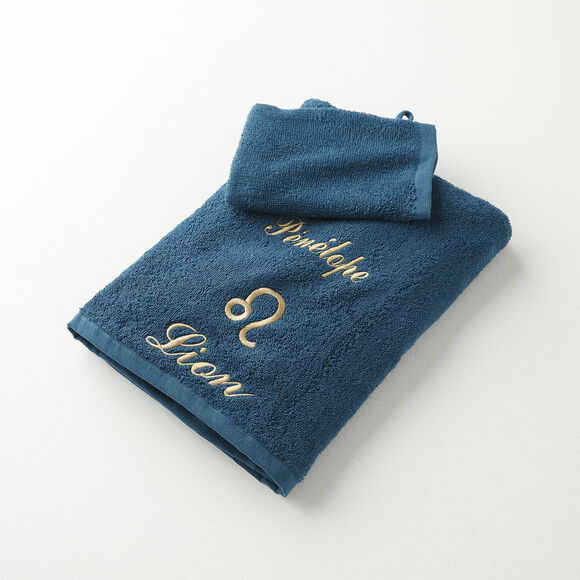 Serviettes de bain brodées Lion personnalisable - 420g/m2 (bleu paon)