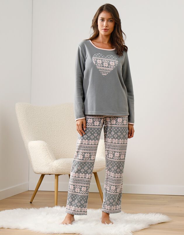Pyjama maille polaire manches longues imprimé coeur (gris / rose)