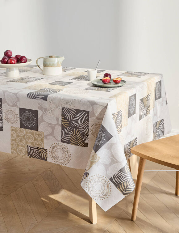 Nappe toile cir&eacute;e imprim&eacute; patchs feuilles (beige)