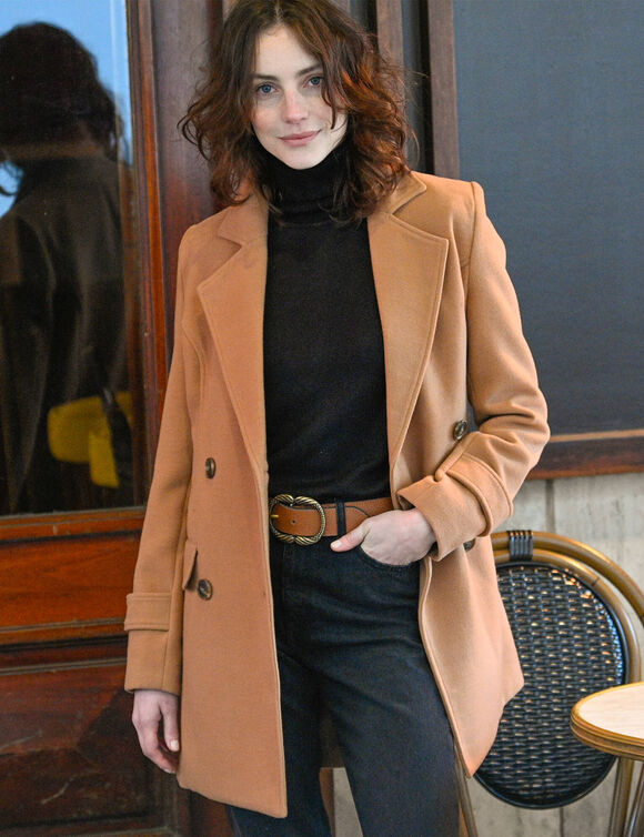 Manteau caban boutonné uni (caramel)