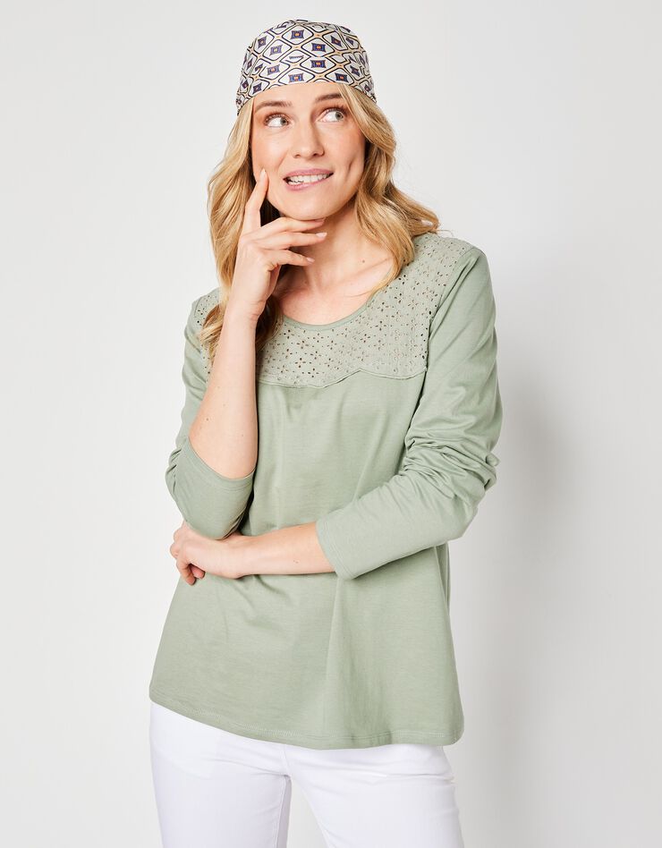 Tee-shirt manches longues, empiècement broderie anglaise (vert grisé) Tee-shirt manches longues, empiècement broderie anglaise (vert grisé)