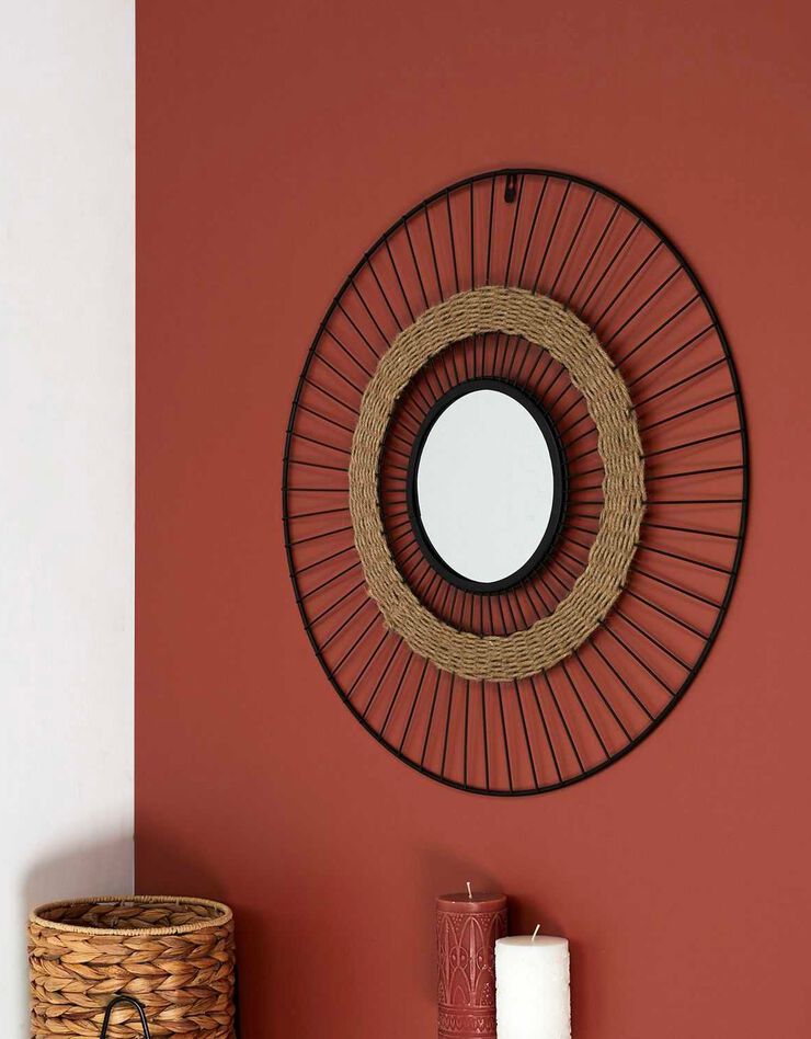 Miroir mural rond métal et jonc (noir/marron)
