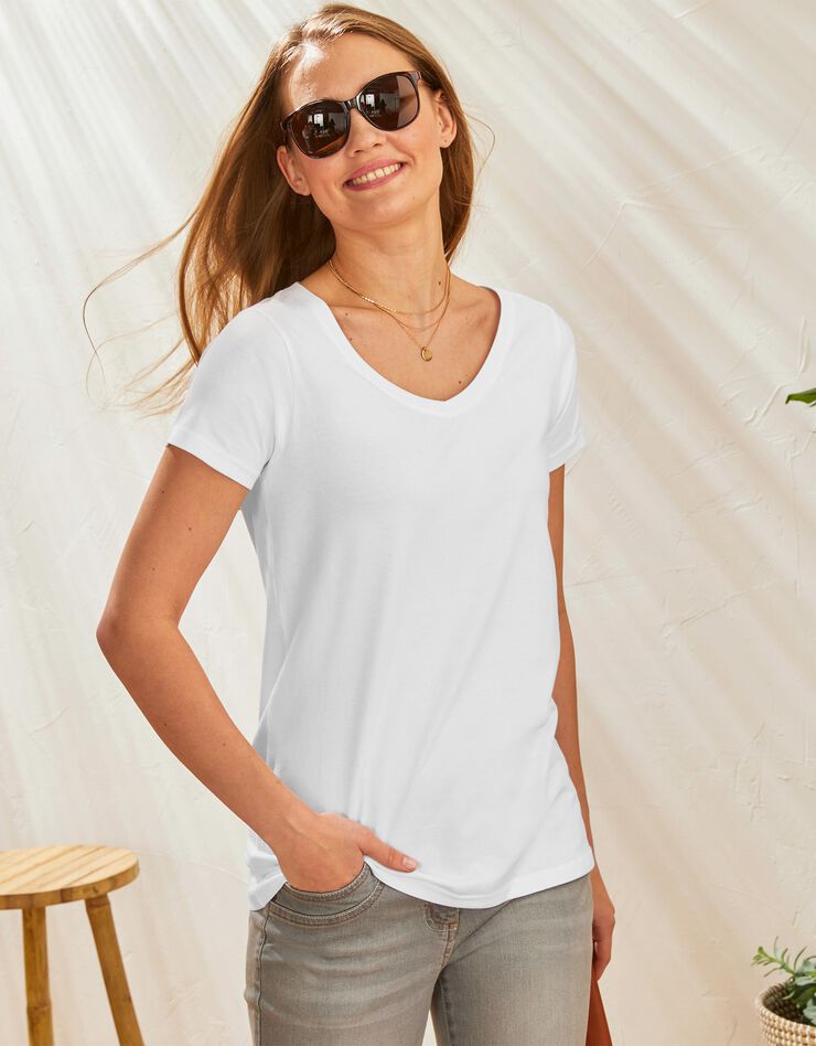 Tee-shirt col V uni manches courtes coton (blanc) Tee-shirt col V uni manches courtes coton (blanc)