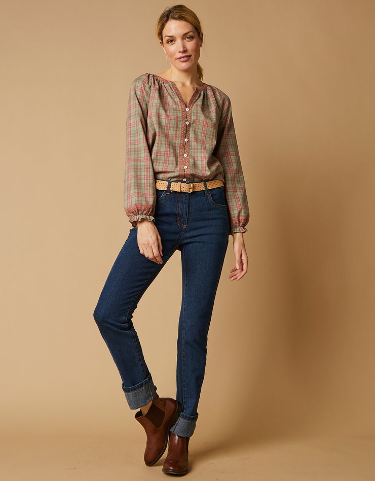 Blouse boutonnée brodée imprimée carreaux (kaki / rose) Blouse boutonnée brodée imprimée carreaux (kaki / rose)