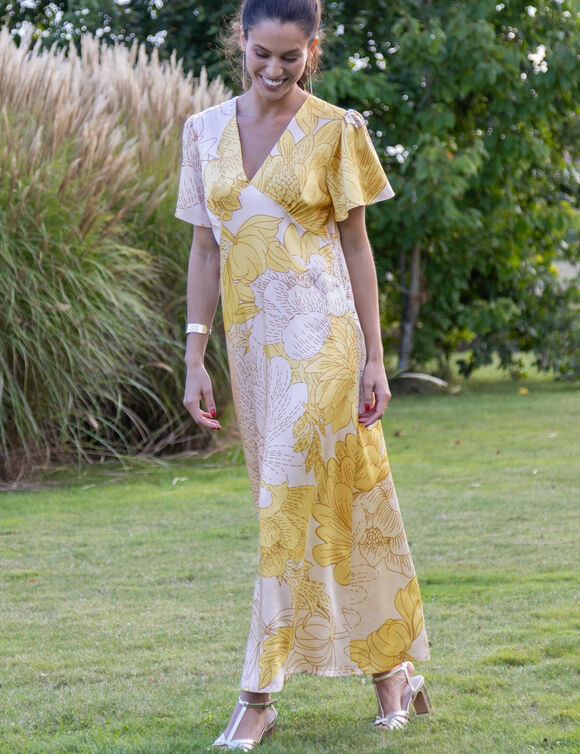 Robe longue satin&eacute;e, imprim&eacute; floral  (&eacute;cru / jaune)