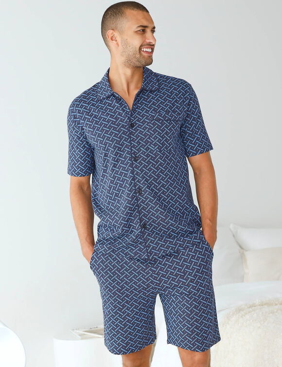 Pyjama short boutonn&eacute; en maille imprim&eacute;e  (marine)