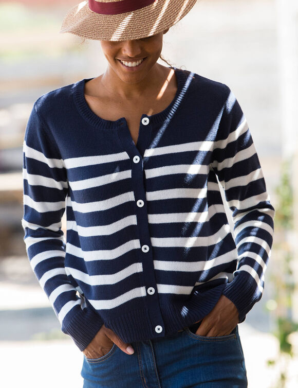 Cardigan ray&eacute; boutonn&eacute; (marine / &eacute;cru)