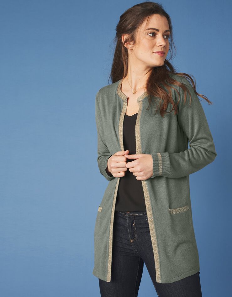 Gilet long toucher cachemire détails brillants (kaki) Gilet long toucher cachemire détails brillants (kaki)