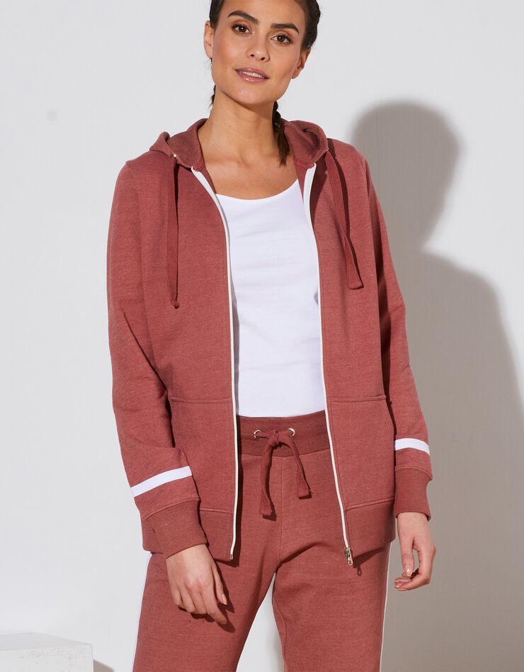 Sweat zippé en molleton gratté intérieur, avec capuche doublée (bois de rose / écru) Sweat zippé en molleton gratté intérieur, avec capuche doublée (bois de rose / écru)