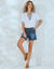 Blouse crépon brodé manches courtes  (blanc / bleu)