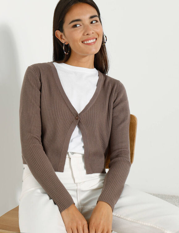 Gilet boléro, maille côtelée (taupe)