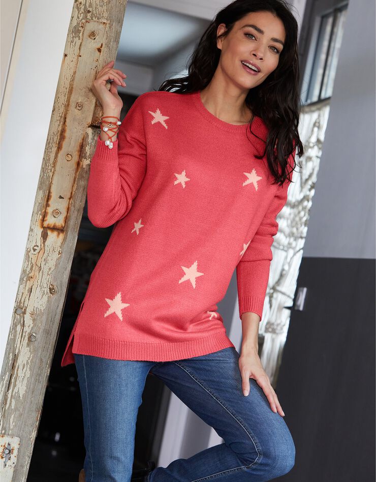 Pull jacquard étoiles maille toucher cachemire (corail / pêche) Pull jacquard étoiles maille toucher cachemire (corail / pêche)