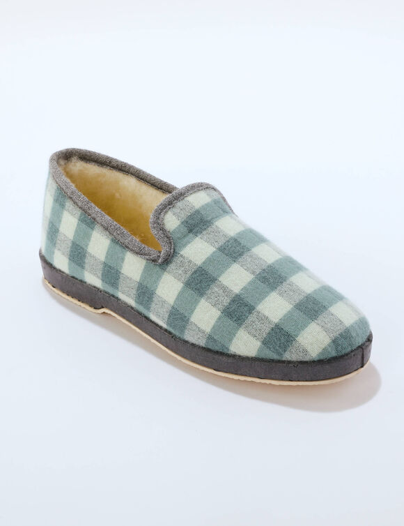 Charentaises fourrées laine majoritaire, motif carreaux (vert)