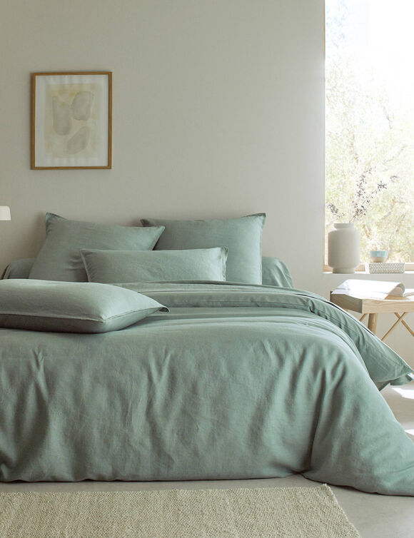 Linge de lit uni biface lin lavé / coton lavé  (céladon)