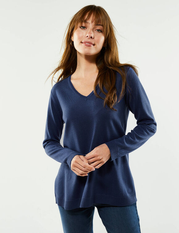 Pull col V, toucher doux (marine)