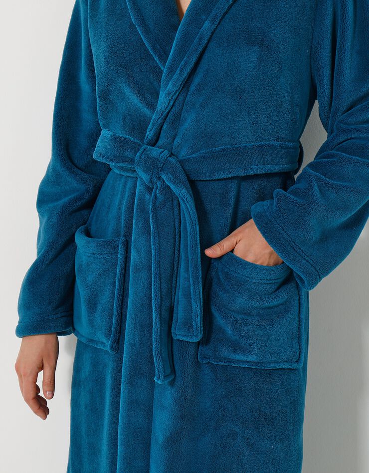 Peignoir mixte adulte col châle, microfibre toucher peluche (bleu paon)