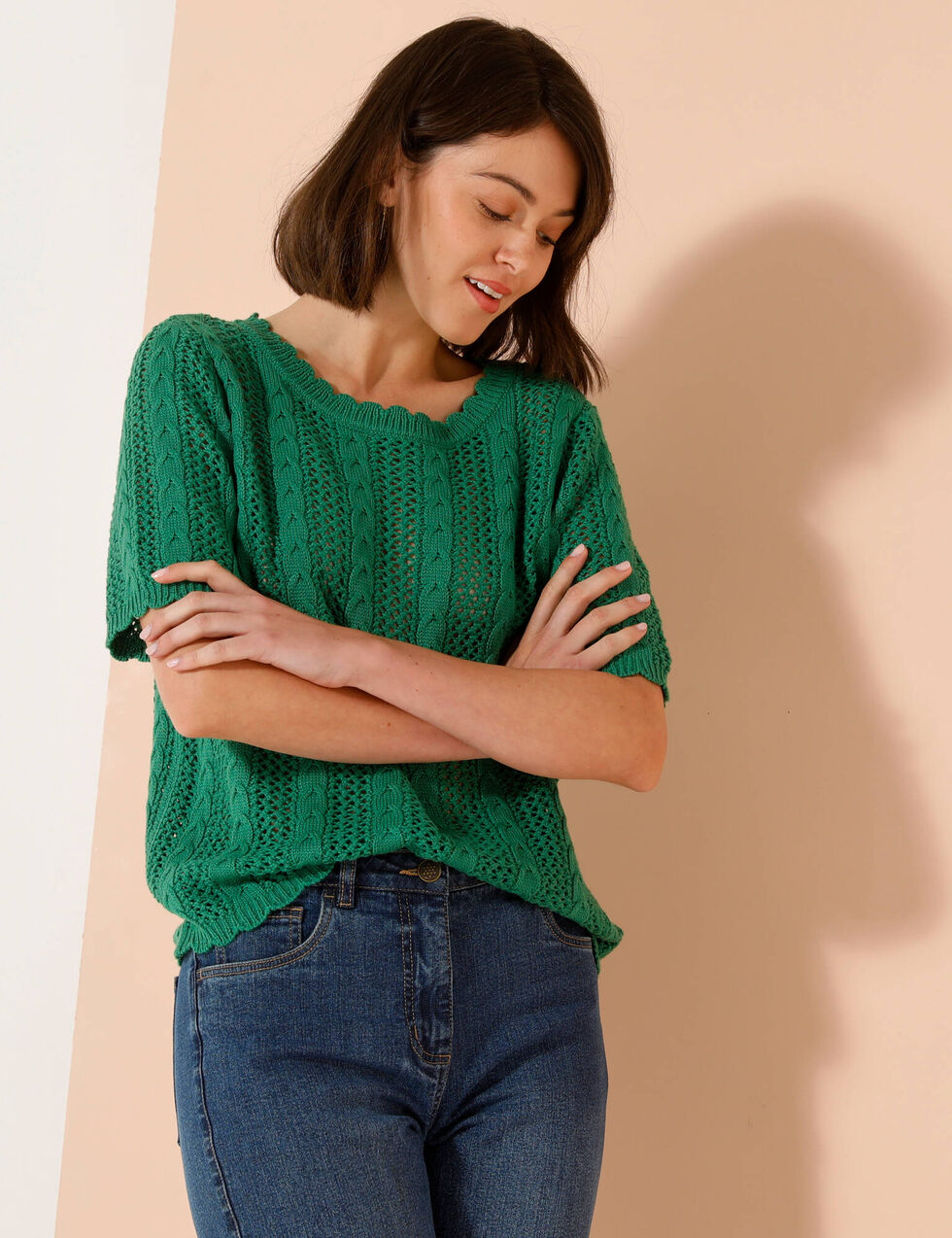Pull chaud court col montant maille épaisse Rose