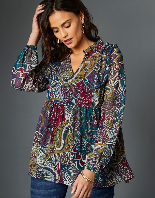 Blouse imprimée à volants (vert / bleu)