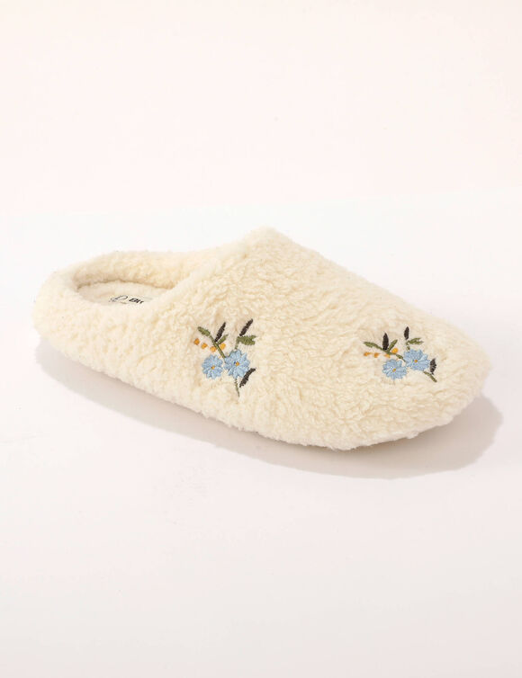 Mules fourr&eacute;es brod&eacute;es fleurs (&eacute;cru)