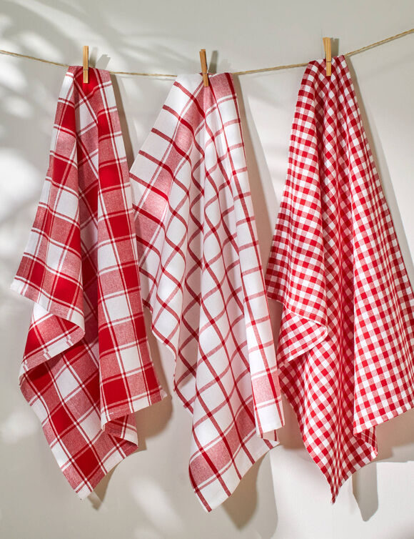 Torchon carreaux coton tiss&eacute; teint - lot de 3 (rouge)