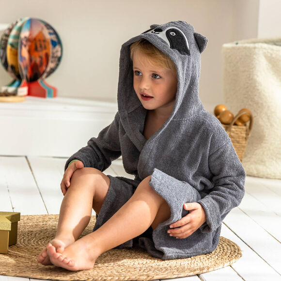 Peignoir de bain enfant raton laveur &agrave; capuche &eacute;ponge coton - 340 g/m&sup2;  (gris)