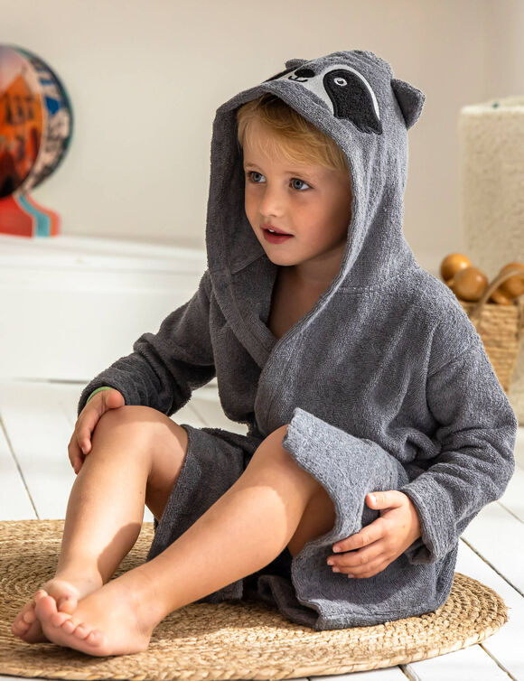 Peignoir de bain enfant raton laveur à capuche éponge coton - 340 g/m²  (gris)
