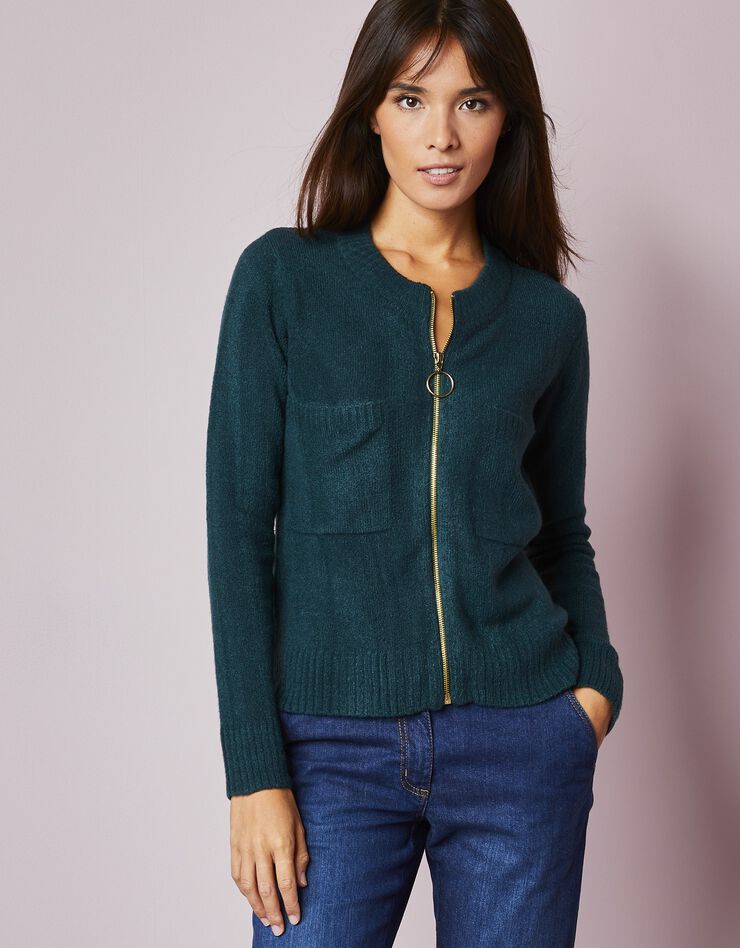 Cardigan zippé poches, maille moulinée (vert émeraude) Cardigan zippé poches, maille moulinée (vert émeraude)