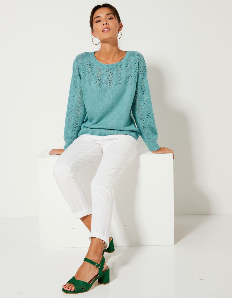 Pull manches longues blousantes, maille ajourée toucher mohair (vert grisé) Pull manches longues blousantes, maille ajourée toucher mohair (vert grisé)