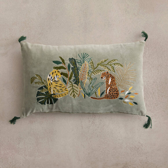 Coussin rectangulaire velours brod&eacute; "panth&egrave;res" (vert)