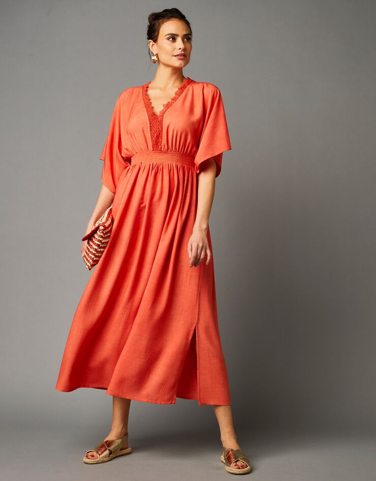 Robe longue fluide décolleté macramé (paprika)