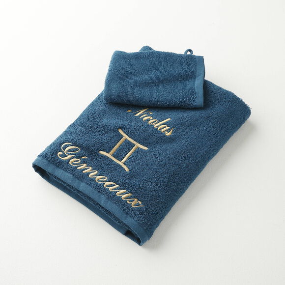 Serviettes de bain brodées Gémeaux personnalisable - 420g/m2 (bleu paon)