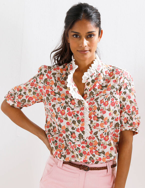 Chemisier &agrave; carreaux, en gaze de coton    (kaki / rose)