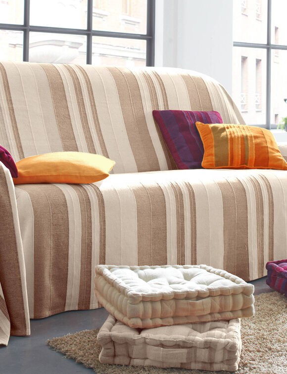 Plaid jeté multicolore coton tissage artisanal (écru)