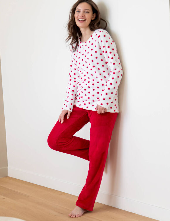 Pyjama polaire imprim&eacute; pois toucher peluche manches longues (cerise pois)