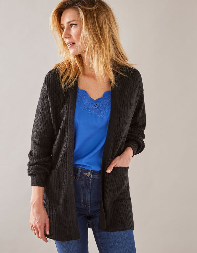 Gilet long porter ouvert, maille anglaise toucher mohair (noir)