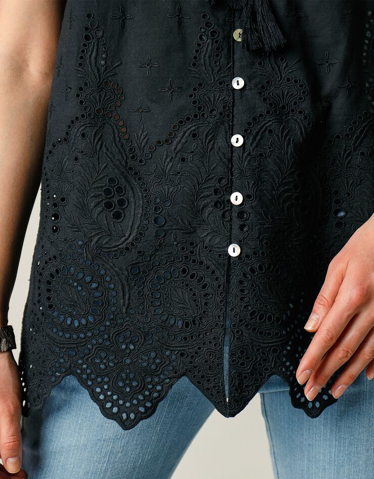 Blouse col V boutonnée unie, broderie anglaise (noir) Blouse col V boutonnée unie, broderie anglaise (noir)