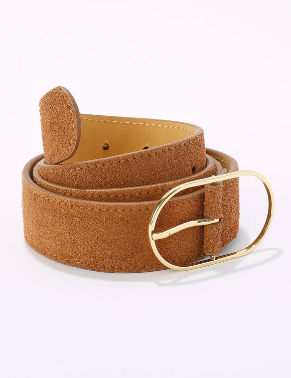 Ceinture boucle coloris doré, croûte de cuir (caramel)