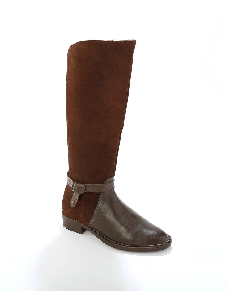 Bottes en cuir bimatière à mollets élastiqués (chocolat) Bottes en cuir bimatière à mollets élastiqués (chocolat)