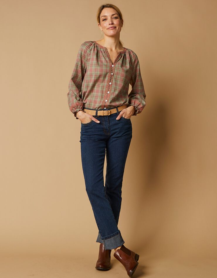 Blouse boutonnée brodée imprimée carreaux (kaki / rose) Blouse boutonnée brodée imprimée carreaux (kaki / rose)