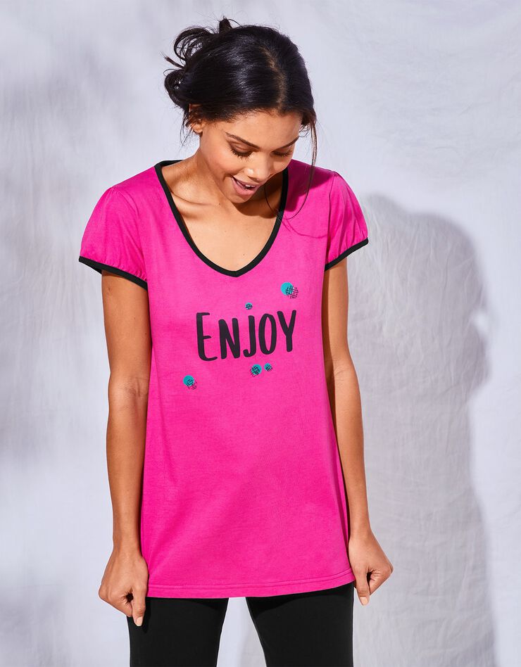 Tee-shirt manches courtes coton uni imprimé placé "Enjoy"  (fuchsia)
