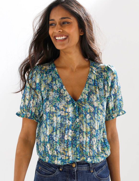 Chemisier boutonn&eacute; manches blousantes imprim&eacute;, voile jacquard (bleu gris&eacute;)