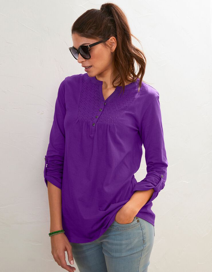 Tee-shirt col tunisien manches longues, broderie anglaise (violet) Tee-shirt col tunisien manches longues, broderie anglaise (violet)