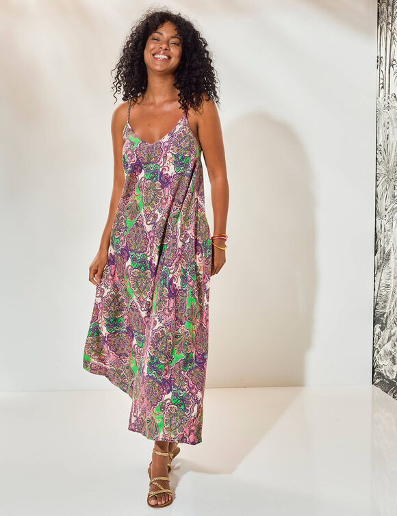 Robe longue  imprimée à fines bretelles (rose / vert)