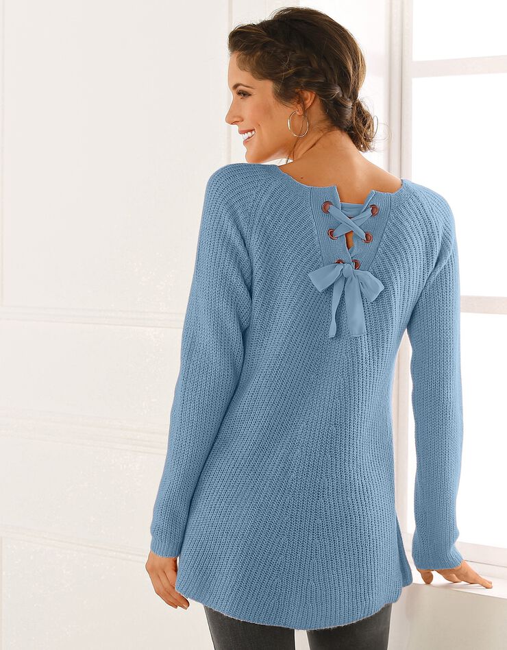 Pull dos lacé toucher mohair (bleu grisé) Pull dos lacé toucher mohair (bleu grisé)