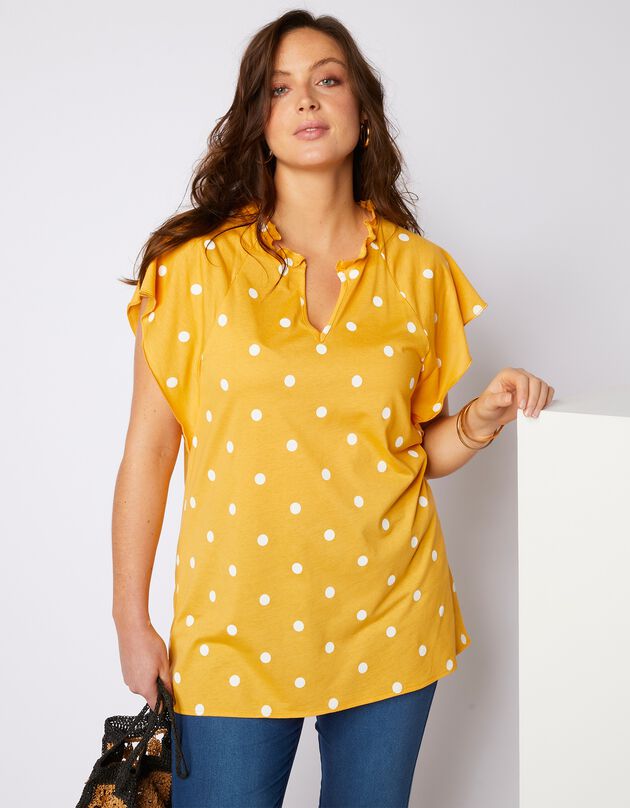 Top fluide à manches courtes raglan imprimé pois (jaune / blanc) Top fluide à manches courtes raglan imprimé pois (jaune / blanc)