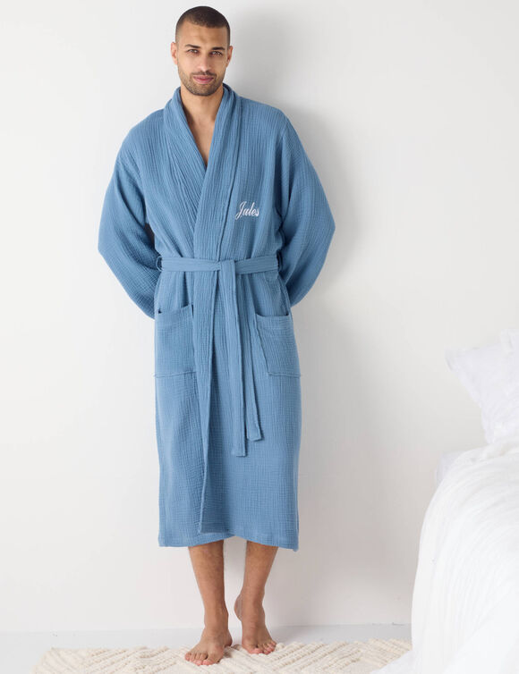 Peignoir de bain mixte col ch&acirc;le &agrave; personnaliser - triple gaze de coton (bleu)