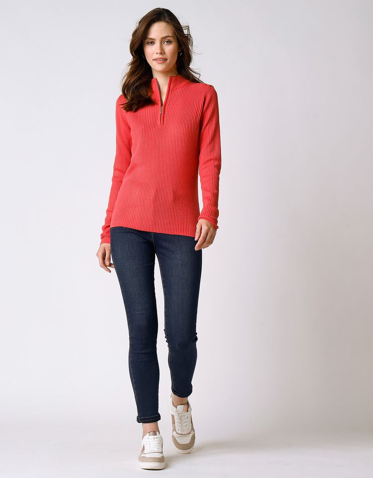 Pull col montant zippé maille côtelée (corail foncé) Pull col montant zippé maille côtelée (corail foncé)