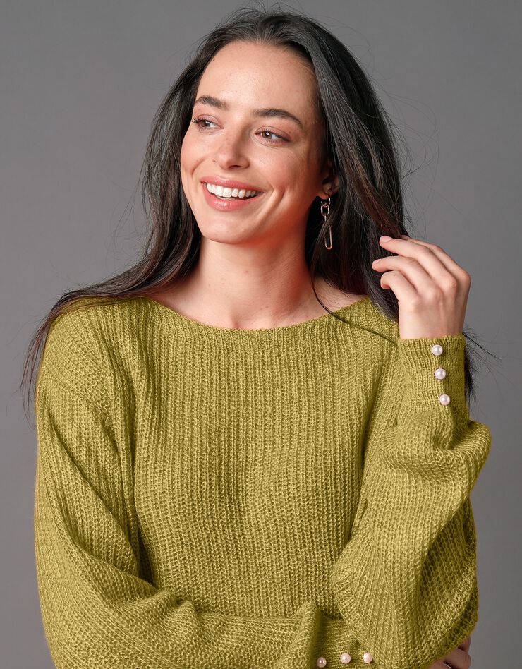 Pull col bateau, maille anglaise toucher mohair (vert mousse) Pull col bateau, maille anglaise toucher mohair (vert mousse)