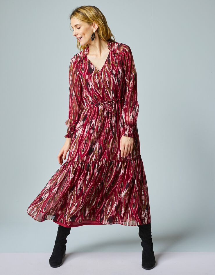 Robe longue volantée en voile Georgette imprimé (bordeaux / écru) Robe longue volantée en voile Georgette imprimé (bordeaux / écru)