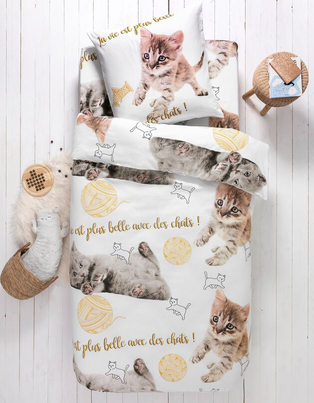 Linge de lit enfant Mimie - coton imprimé chats (blanc)